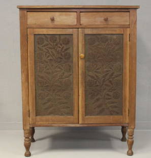 1840-60 Pie Safe Wythe Virginia w/Great Punched Panels: 1840-1860s pie safe, 40" W x 51" H x 18" D, with great, hand-punched, full floral tin panels - these panels are very unusual as there are no mullions between the panels - fitted together to form one l