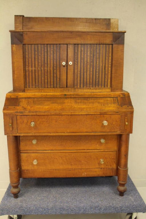 Early Ne Tiger Maple Bookcase Desk W Tambour Doors