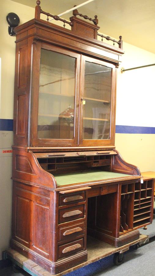 Rare 1880 Indianapolis Cabinet Co Desk: Rare Indianapolis Cabinet Company 1880 - 1890, walnut 3-pc "S" roll top bookcase desk with swing out side cabinet, raised panels on sides and file section, top section - double door bookcase with fanc
