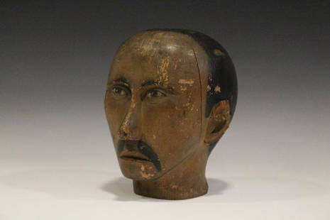 19th C Male Mannequin Head / Hat Stand: Rare late 1800s carved and painted male hat stand or mannequin head, 10" H.