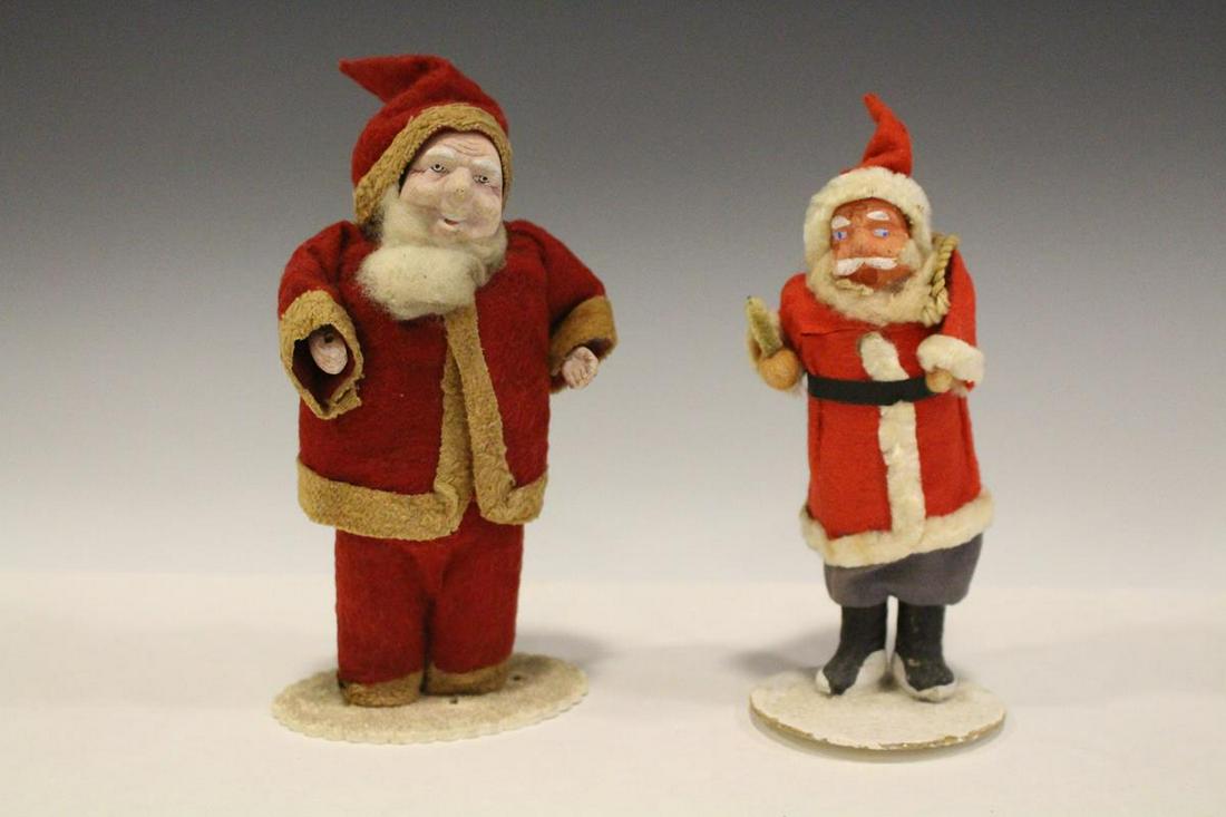 Pair Santa Claus Christmas Holiday Figures: Pair Santa Claus figures, felt coats, paper mache faces, hands, brushed cotton beards, tallest 6 1/2" H, lacking his boots.