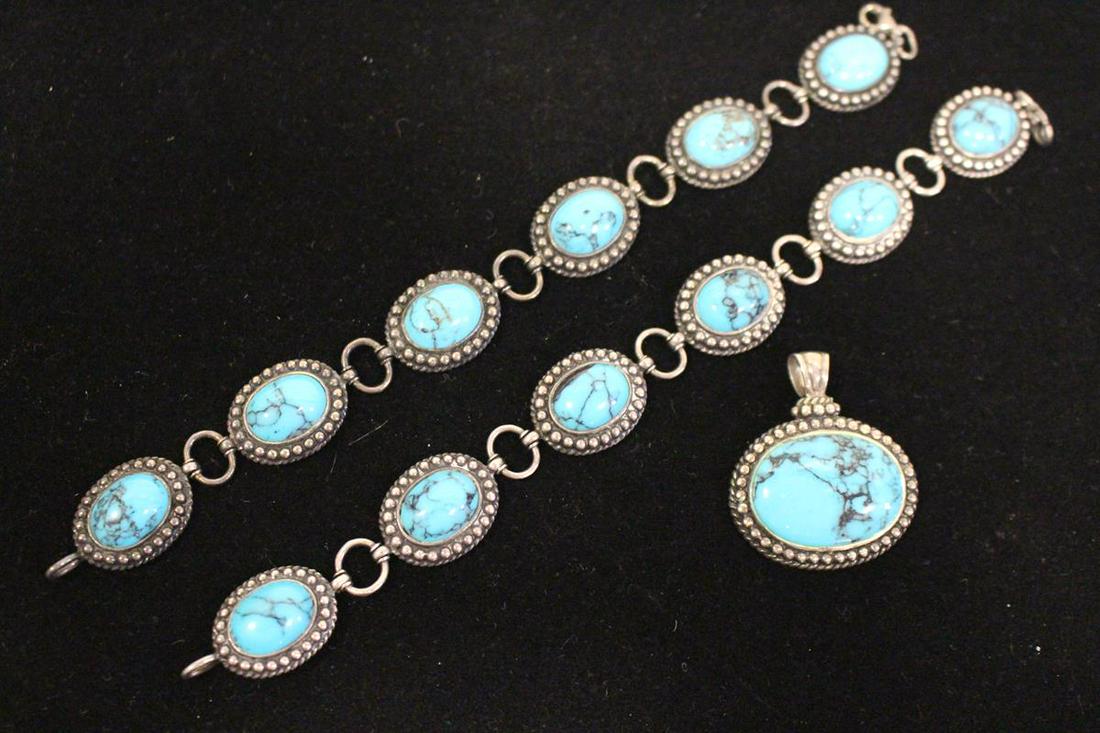 Han Bracelets Pendant Turquoise Silver Set: Lot of 3 matching pieces signed HAN, Native American Indian jewelry, 925 silver and turquoise - 2 link bracelets, 7 1/2" L and pendant 1 1/2" H, excellent condition. Other native American Jewelry in t