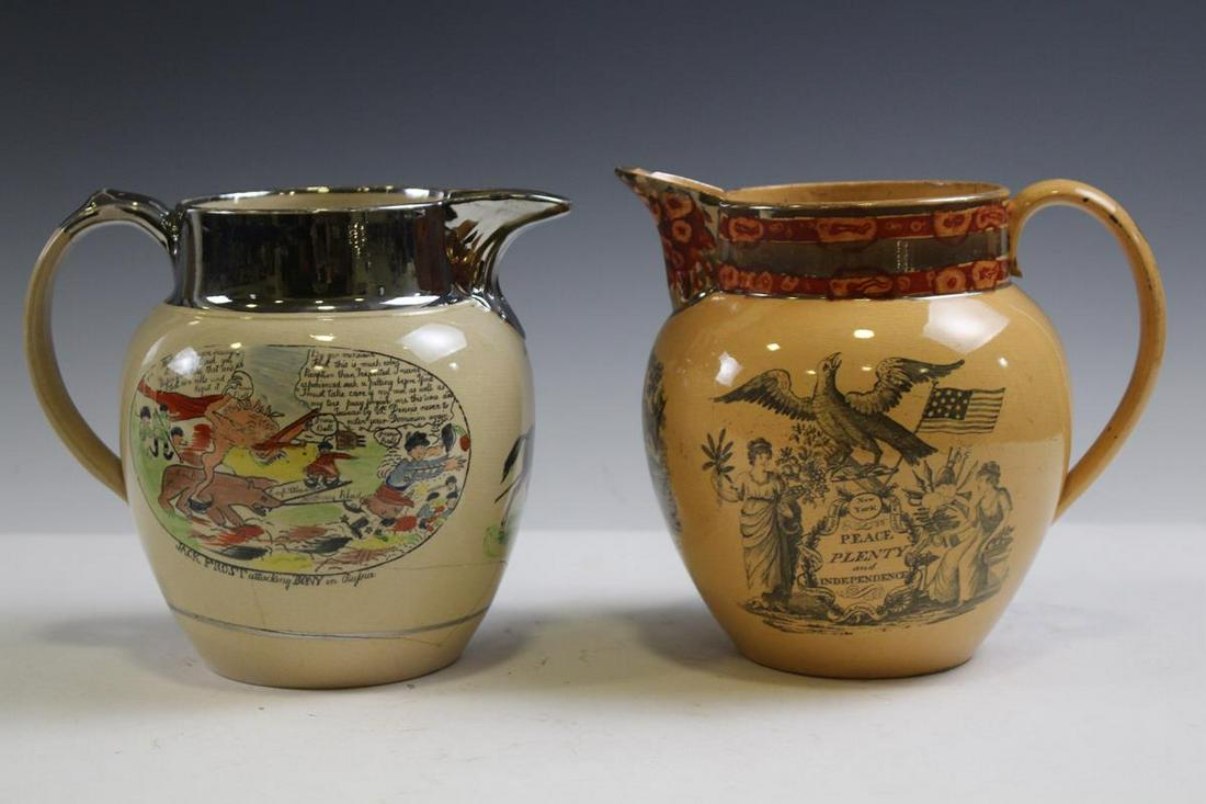 Early 1800s Creamware Jugs / Pitchers: Lot of 2 early 19th C creamware jugs / pitchers - peach colored with luster rim, "Peace, Plenty and Independence", with American flag and eagle, roughness to rim and 3" hairline; silver lustre band an