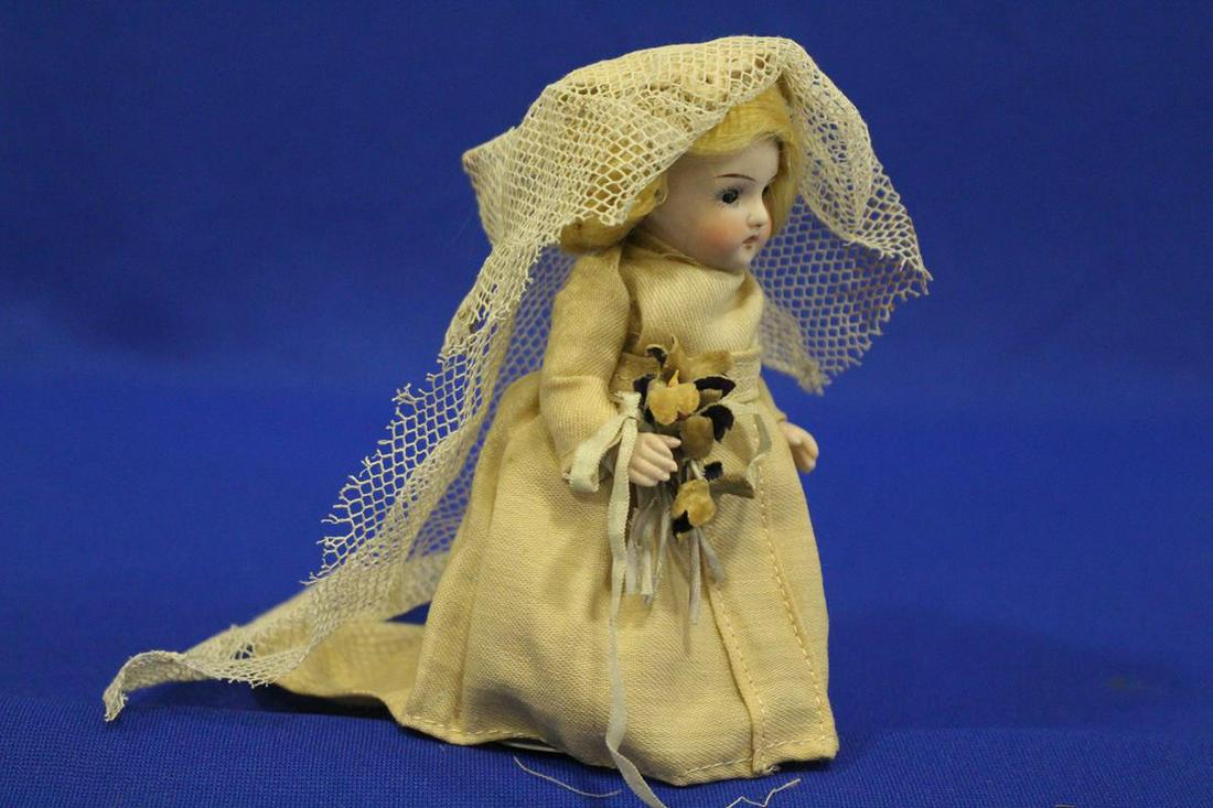 German Miniature Bisque Bride Doll - Original: All original bisque bride doll - body - bisque body, jointed arms and legs; eyes - blue sleep with painted on lashes and single stroke brows; mouth - open with 4 tiny teeth, accented lips; ears - not