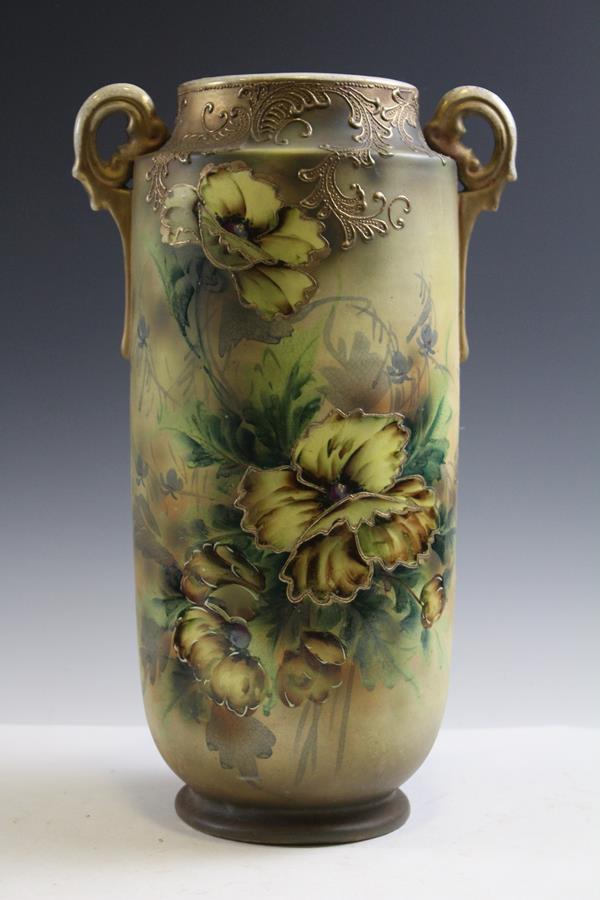 Tall Nippon Vase w/ Gold Gilding: Tall Nippon vase, 19th century, flower motif, 16" H, few areas of staining on backside.