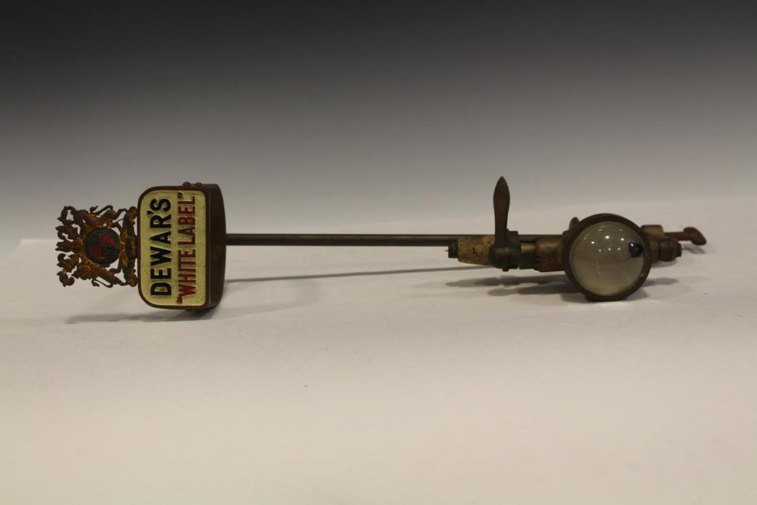 Bronze Dewar's Whiskey Bottle Tap & Mount: Early bronze Dewar's "White Label" whiskey bottle tap and Gaskell & Chambers bottle mount, rare to find the crest with lions at top / bottle mount, signed "The Optic Pearl" on bubble viewer, "Sole Mak