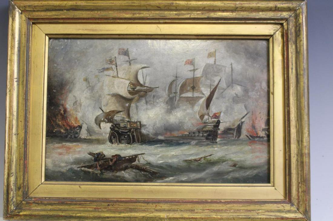 Oil Painting Maritime Battle of Masted Ships: 19th century small oil on board painting of maritime battle of early ships, original 9 x 12" giltwood frame, good condition.