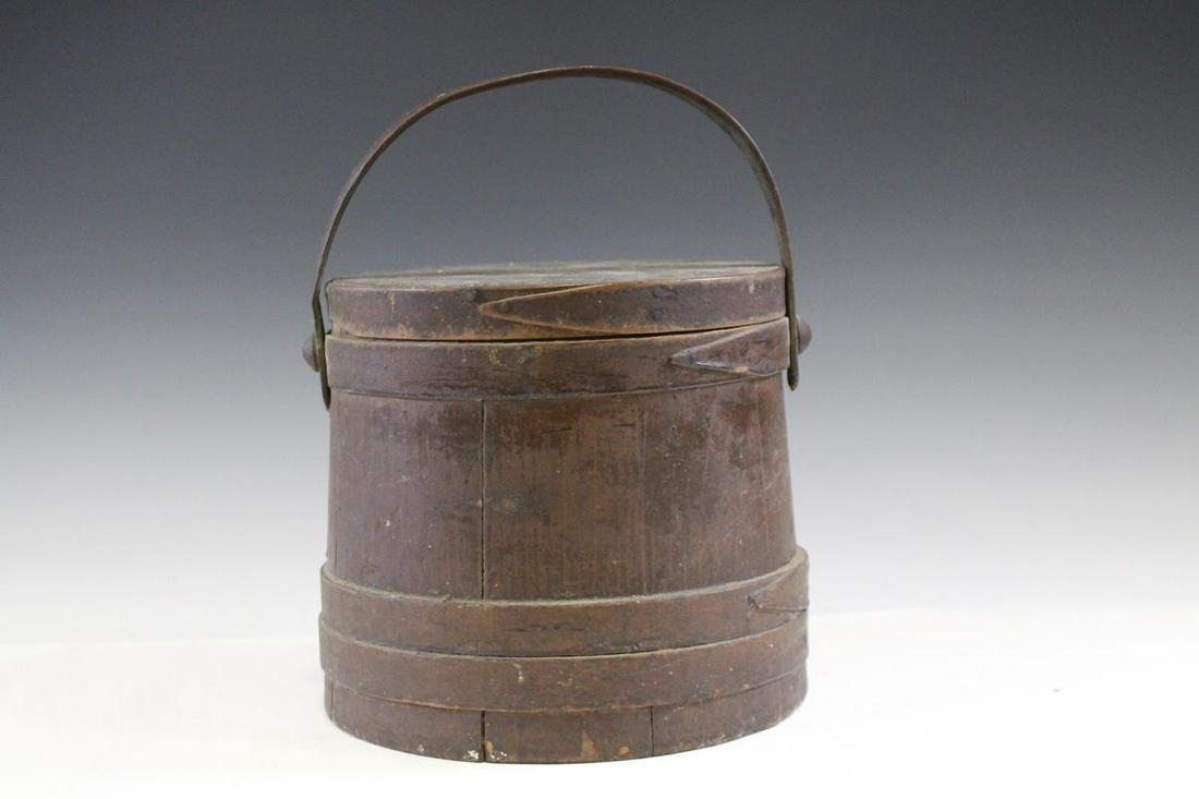 Chocolate Brown Painted Firkin: 19th C chocolate brown original painted firkin, single finger laps with copper tacks, 8 3/4" H, loss to one end of lap.