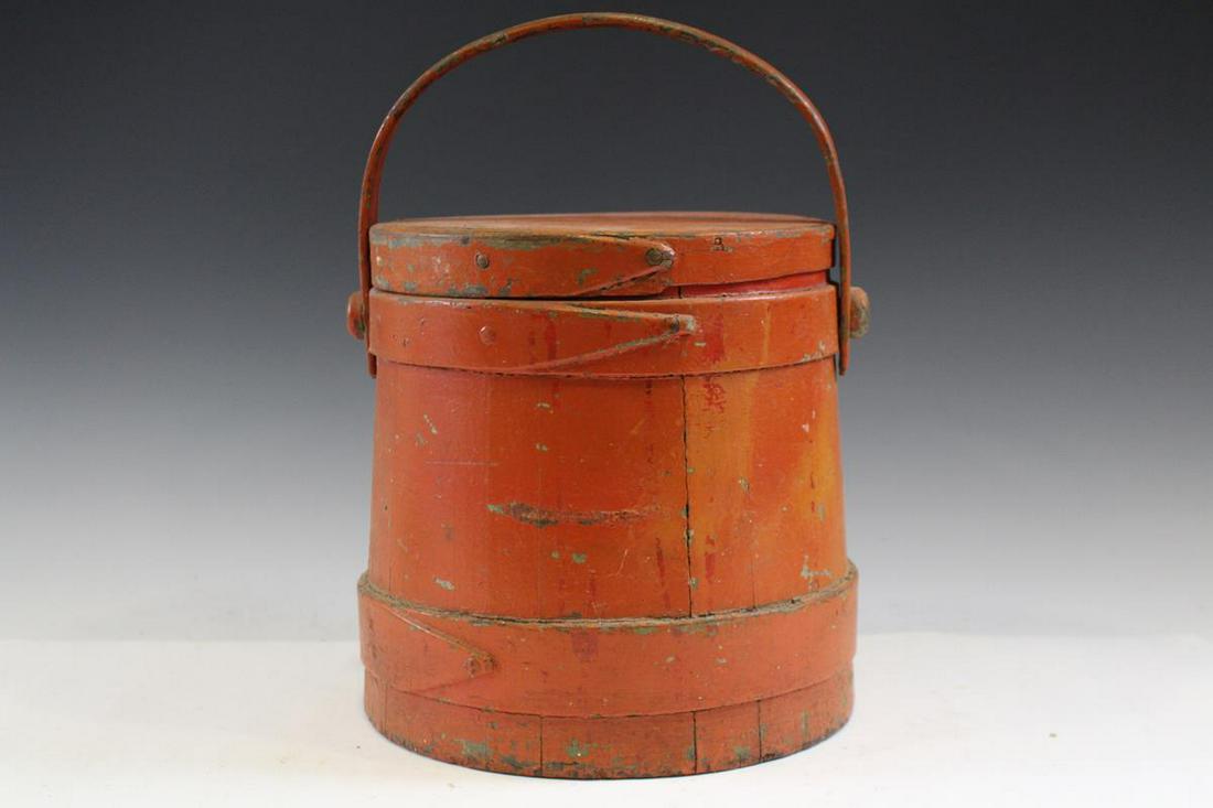 19th C Salmon Painted Firkin: 19th century painted salmon color firkin, single finger laps, very old repaint, 10" H.