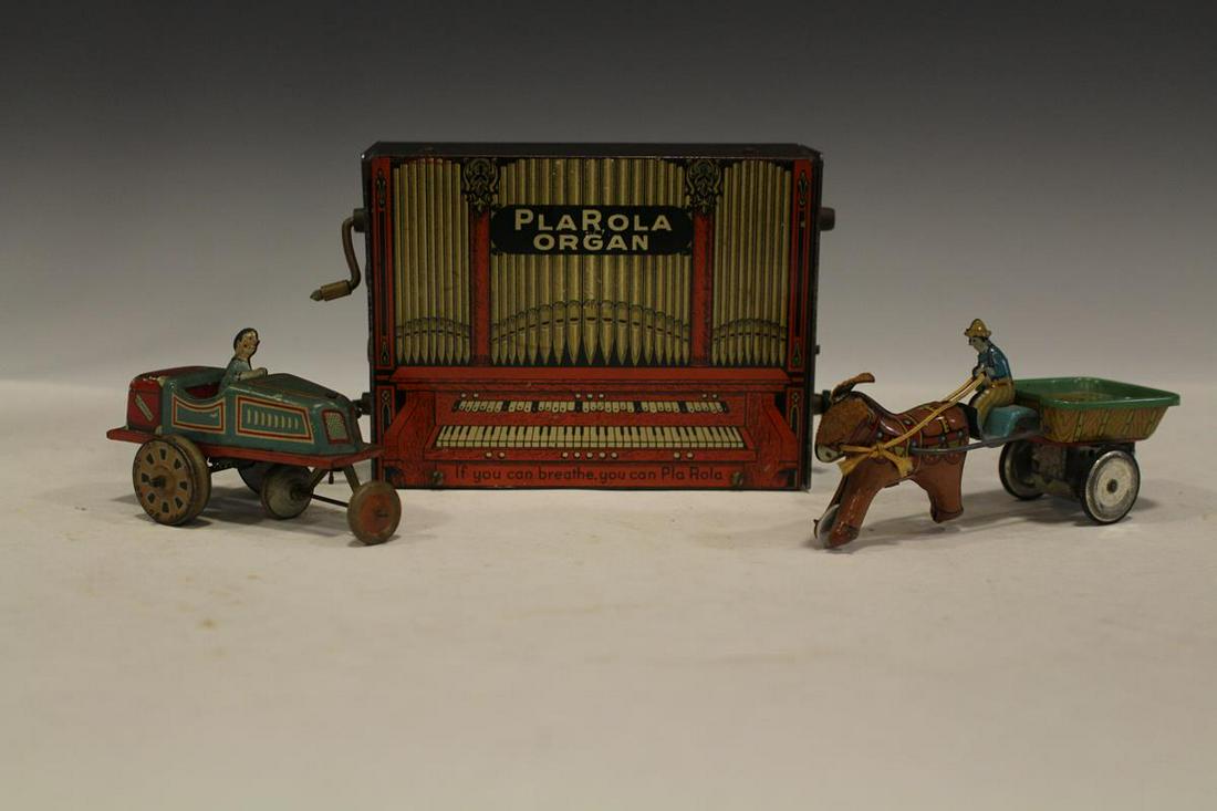 Lithographed Tin Toys & China Marbles: Lot of 3 lithographed tin toys - "PlaRola Organ, operates by blowing into chamber and winding paper rolls, 5 1/4" W; crazy car with driver; Alps Japan donkey, man and car; lot of 3 large china marbles