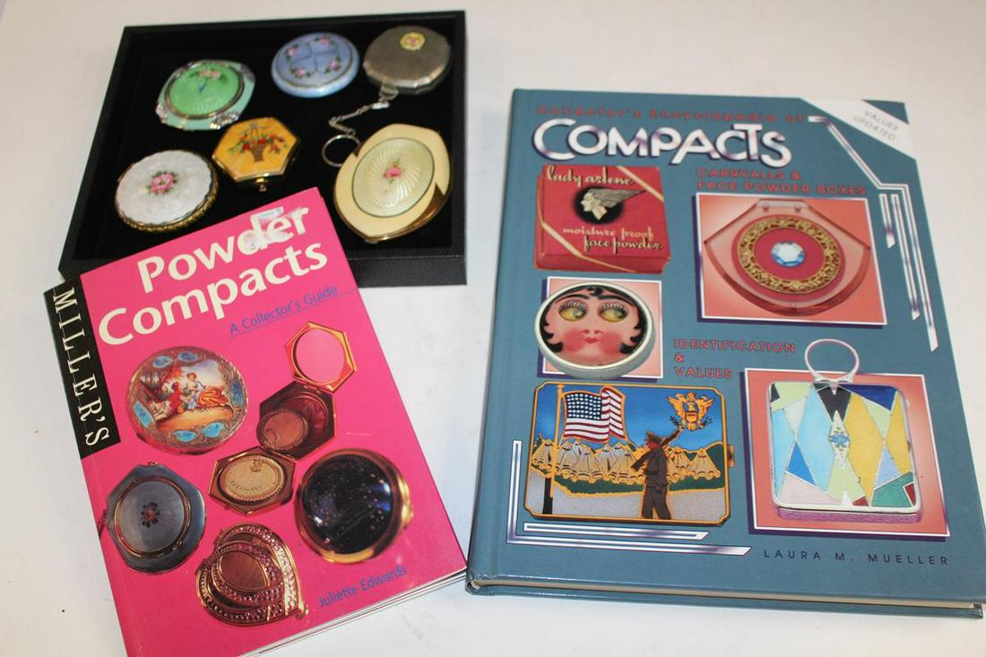 6 Vintage Compacts & 2 Reference Books: 6 vintage compacts and related reference books. 1 - green is empty, no issues; 2 - blue is empty, wear to outside edges; 3 - silver with finger chain is empty, no issues; 4 - white is empty, minor wea