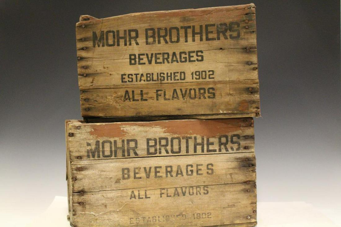 Mohr Bros Wooden Beverage Crates Toledo: Pair wooden beverage, soda pop, crates, Mohr Brothers, Toledo, Ohio.