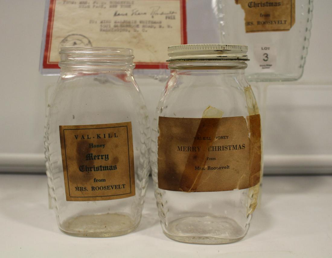 Val-Kill Christmas Honey Jars Mrs. Roosevelt: Lot of 3 glass honey jars, 5 1/2" H - Christmas gifts from Mrs. Eleanor Roosevelt to Mrs. R's Legal Adviser to the UN Human Rights Commission and close, longtime, personal friend. paper labels "Val-Ki