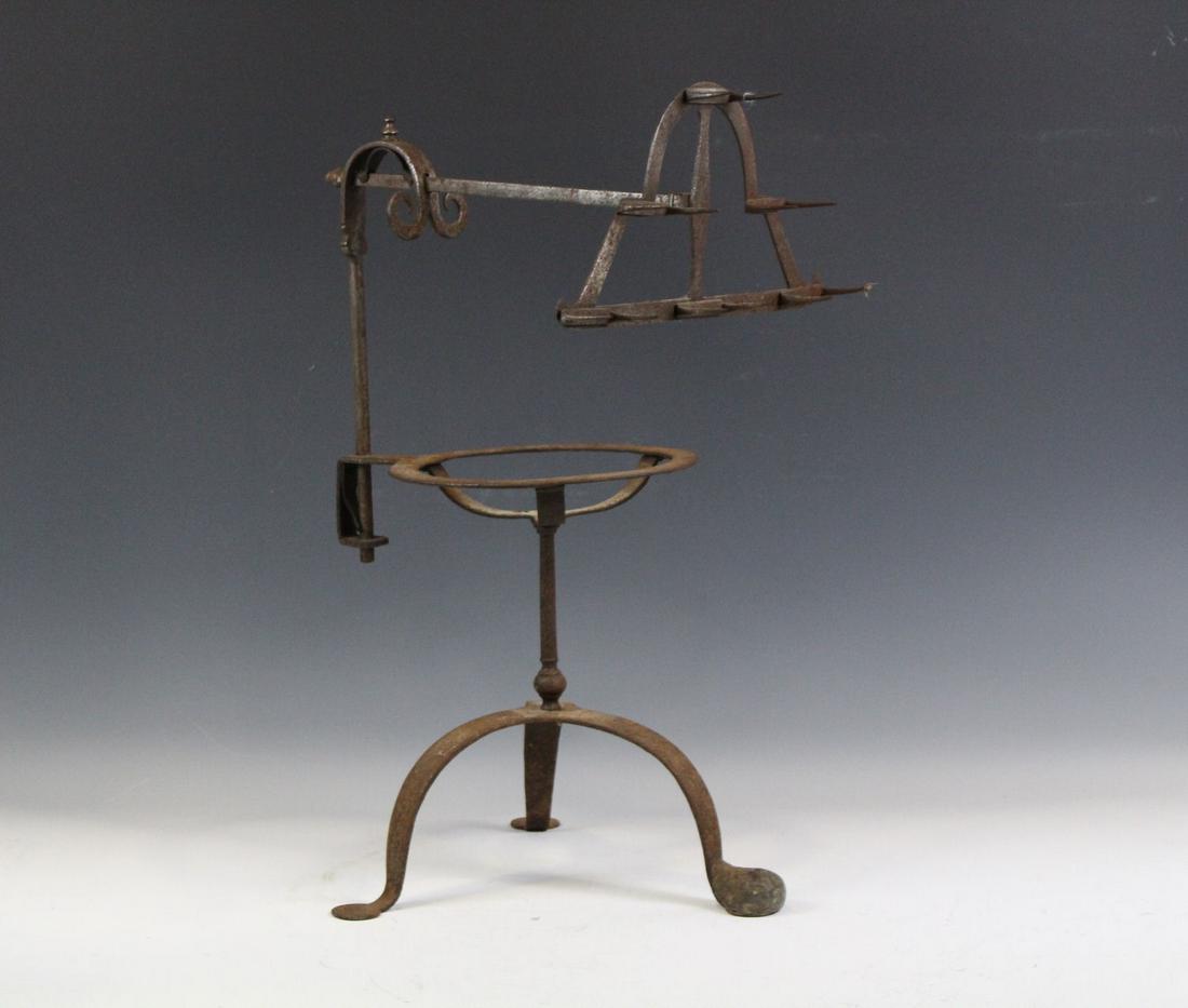 Wrought Iron Hearth Cooking Trivet & Roaster: Wrought iron hearth cooking trivet and roaster, tripod legs, one foot ball foot and the other two penny feet as originally made, 23" H x 16" W.