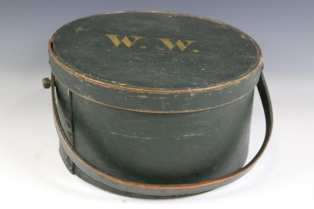Large Green Painted Pantry Box: Large pantry box in original green painted surface, W.W. painted on lid, 14" W x 7 1/2" H.