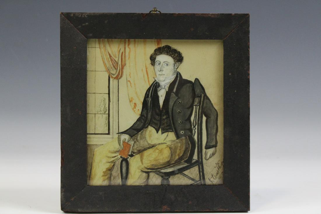 1820-40 Signed Watercolor Portrait of Gentleman: 1820-1840 New England watercolor portrait of a gentleman holding a red book, seated in a Windsor side chair, signed J Easthope,