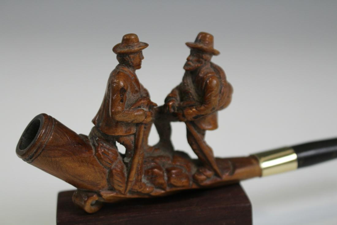 Meerschaum Pipe Miners Gold / Coal: Meerschaum pipe - gold / coal miners or mountain climbers? with their pick axes, back pack and rope, 6" L, black pipe stem may be a replacement.