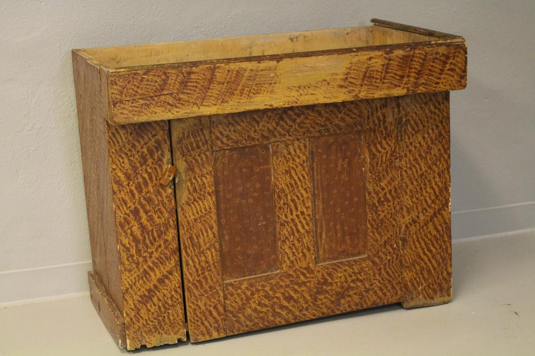Fancy Work Putty-Painted Dry Sink: Fancy work putty-painted pine dry sink, 30" H x 36" W x 21" D. Has issues - front foot, lacking all molding. No in-house shipping.