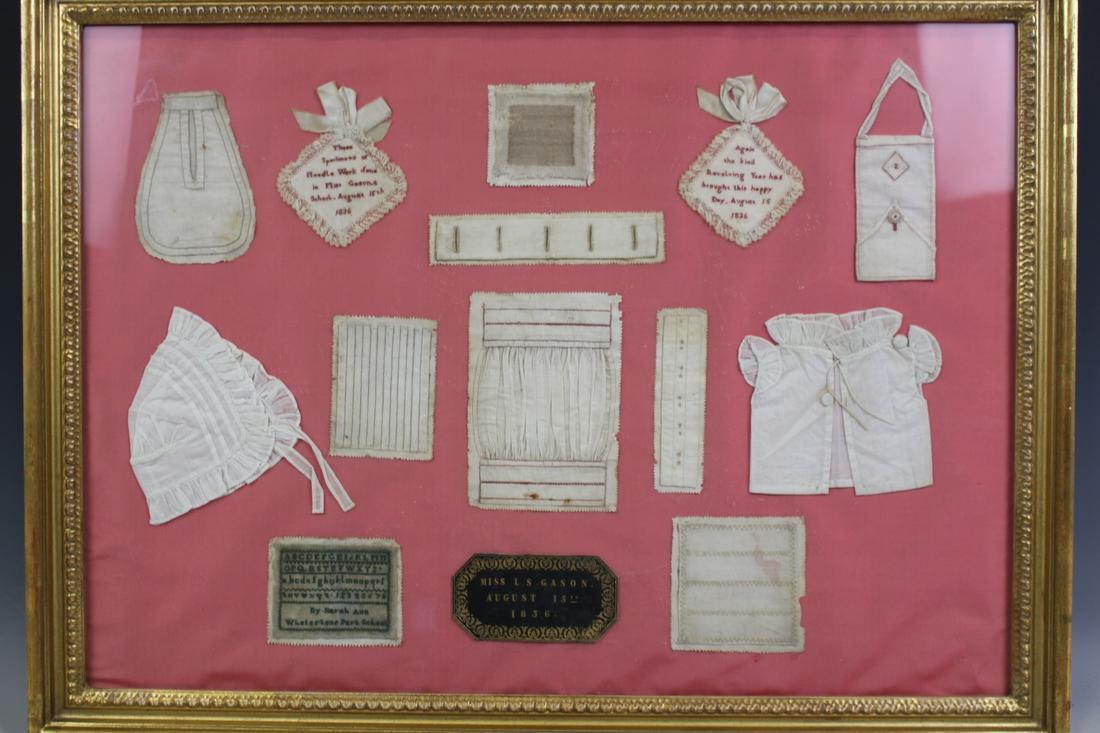 1836 School Girls Sewing Samples - Framed: 1836 school girls sewing samples - some with embroidered messages, Whetstone Park School, 1836, framed 25 3/4" wide in modern frame,