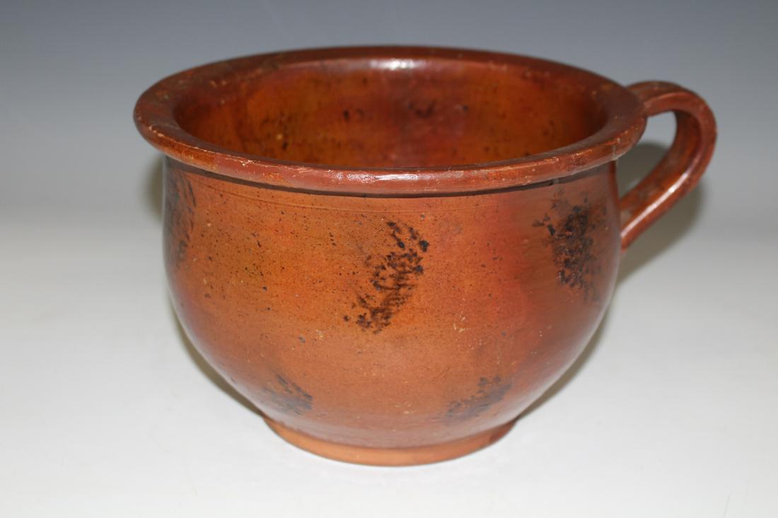 Early 19th C Redware Manganese Chamber Pot: Redware chamber pot, early 19th century, black manganese splash decoration, strap handle, 6" H. No issues.