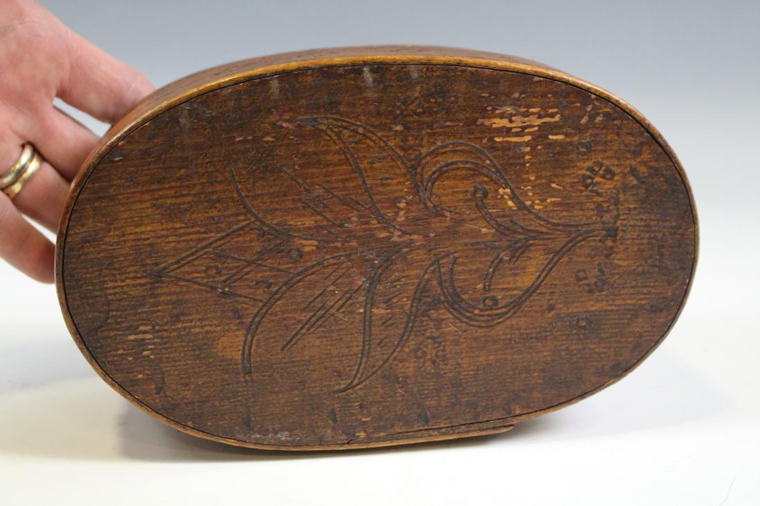 Etch Designed Oval Pantry Box w/ Braided Laps: Small oval pantry box with etched design and most unusual "braid-form" secured laps. Box and lid has all over etched designs, 8" W x 3"H, no issues. As with many other lots in this auction, this lot h