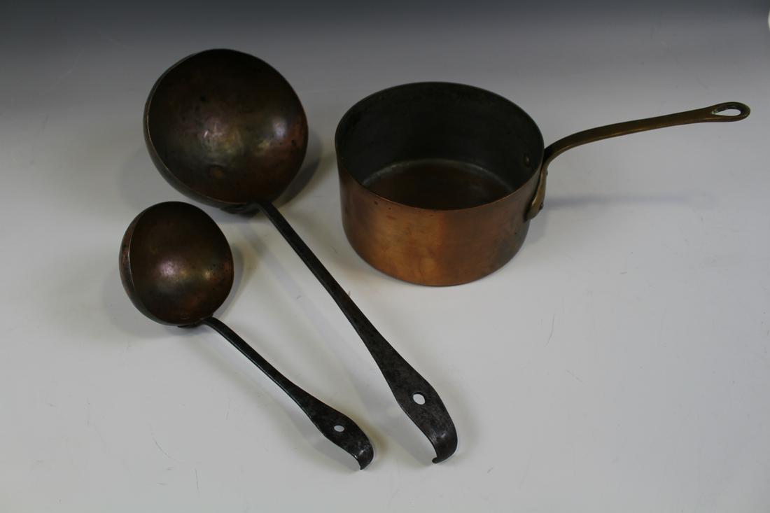 Lot of Copper Ladles and Sauce Pan - 19th C: 19th century copper kitchen cooking items - 2 ladles with forged iron handles, sauce pan / pot, 3 1/2" H, largest ladle 15" L.