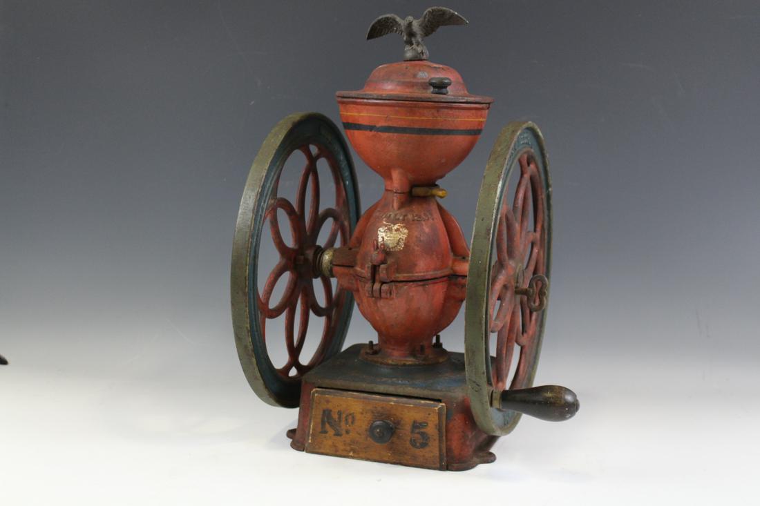 Store Countertop Enterprise No. 5 Coffee Mill: 19th century "Enterprise No. 5" double-wheeled, paint-decorated, cast iron coffee mill / grinder, store countertop, 16" H.