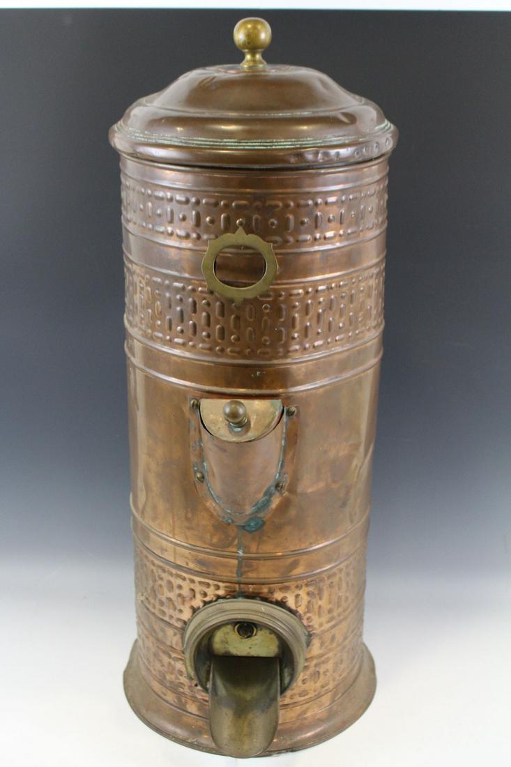 Tall Copper Store Coffee Bean Dispenser: Tall country store copper coffee bean dispenser and encased scoop, 36" H. Overall good condition, few dents in lid. No in-house shipping.