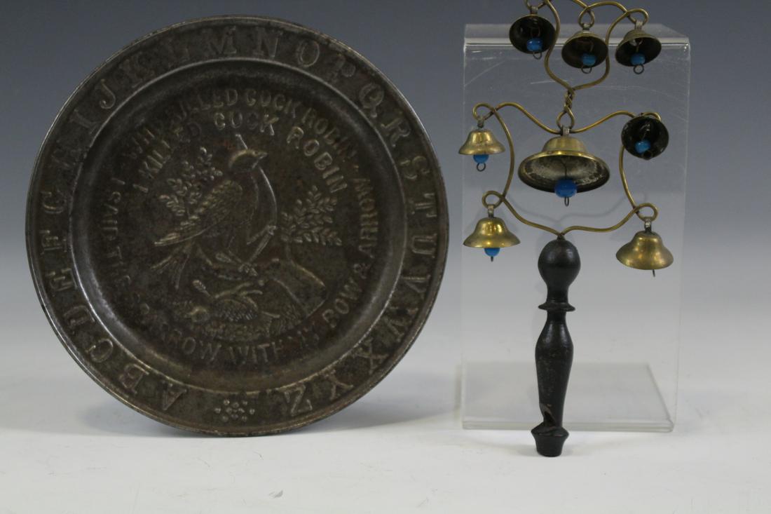 Tin Baby Toys - ABC Plate Cock Robin & Bell Rattle: Tin baby toys - Cock Robin ABC plate; bell / tree rattle.