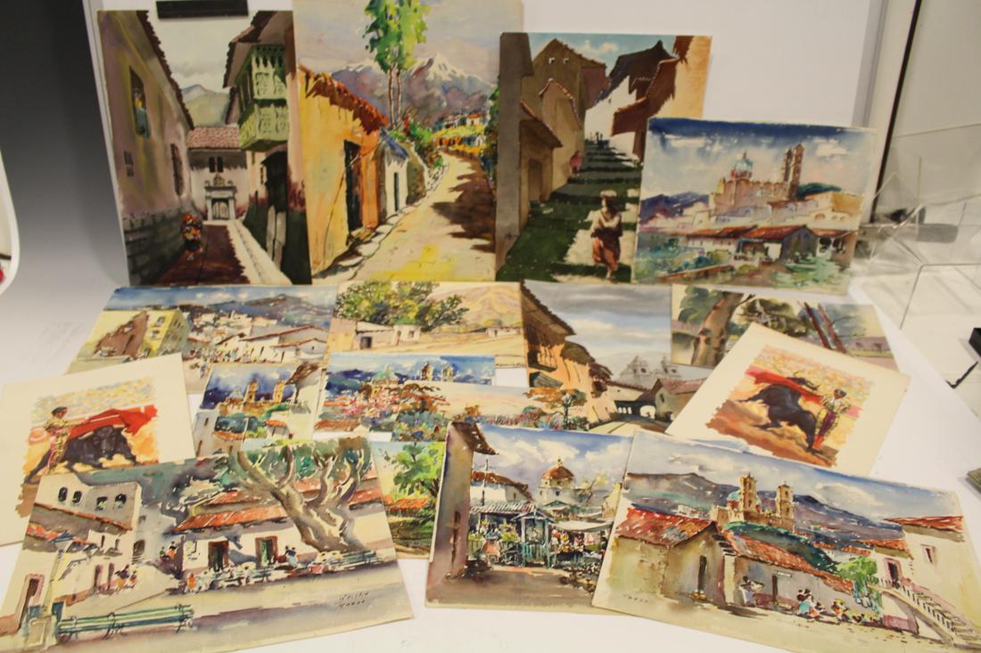 1950s Watercolor Paintings S. America & Mexico: Lot of 16 circa 1950s South American and Mexican watercolor on paper paintings, most signed, i.e. E. Frost / Santiago Chile; Nacho / Taxco; includes "Foreign Service of the United States of America / 