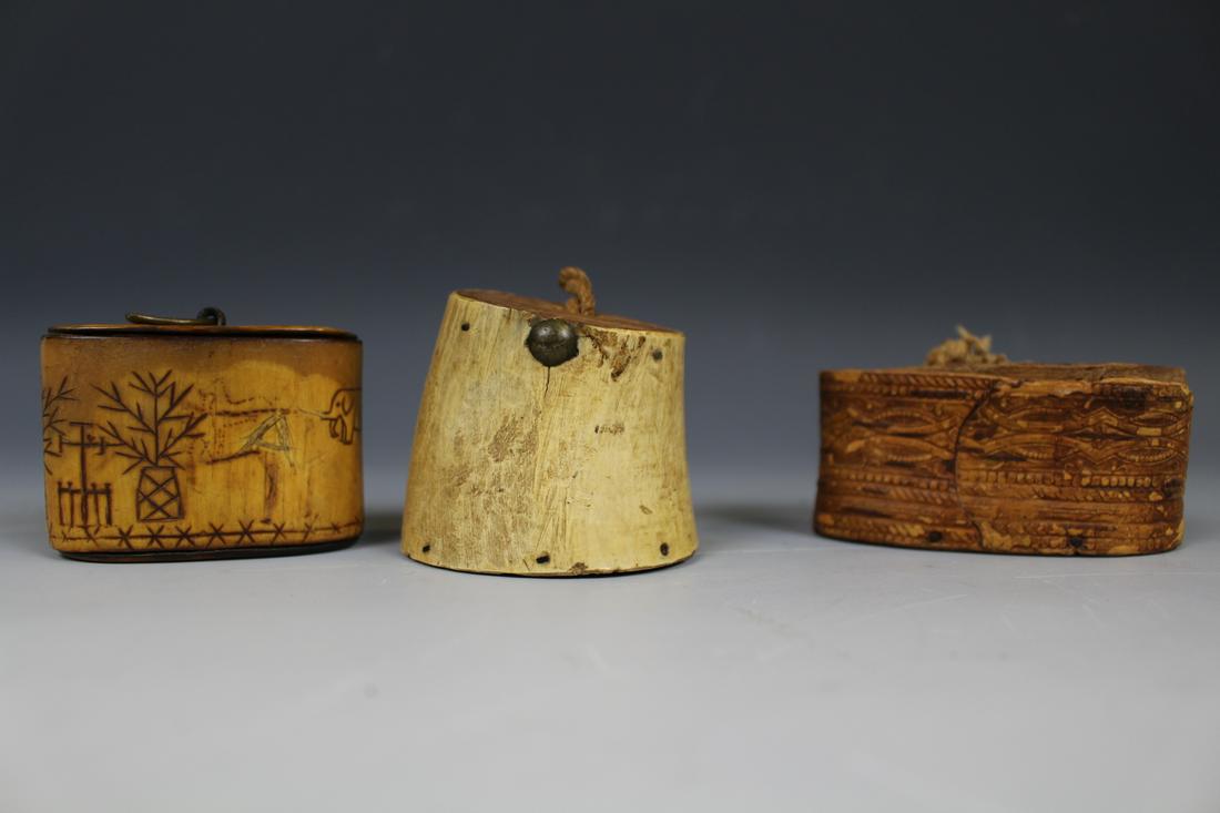 Dated 1854-1888 Snuff Boxes - One w/ Hearts: Lot of 3 with wooden lids - 1) oval with leather-like tooled covering, 3'' L; 2) oval bone scrimshaw decorated with hearts, horse, cow, heart, trees, dated 1888, 2 1/4'' L; 3) horn with name and date 