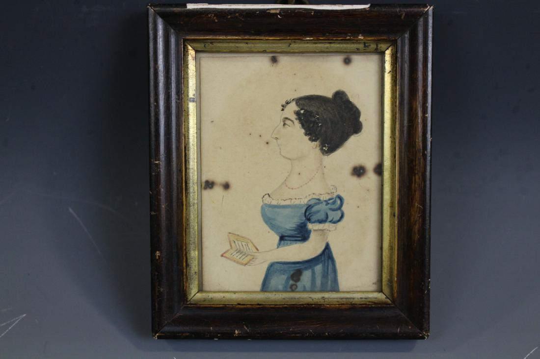 Mid 19th C Watercolor Portrait of Woman w/ Book (1 of 3)