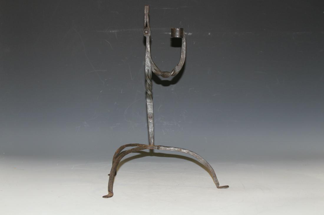 18-19th C Signed Iron Rush Light Candle Holder (1 of 4)
