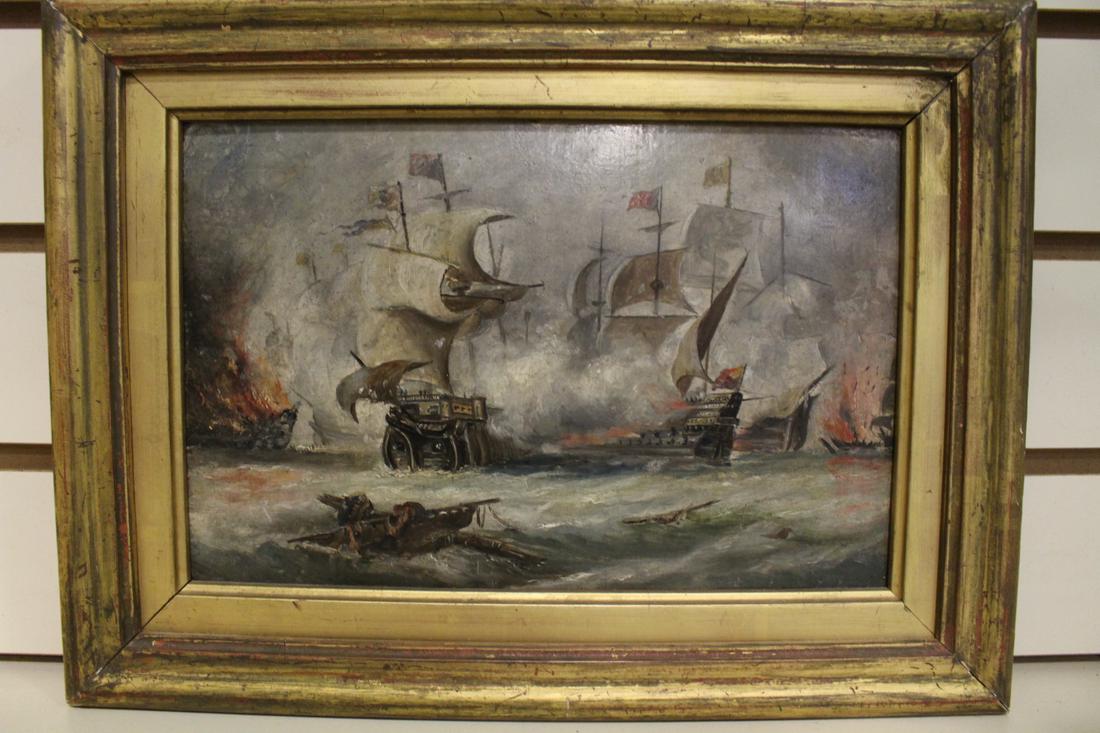 19th C Painting of Battling Ships at Sea (1 of 2)