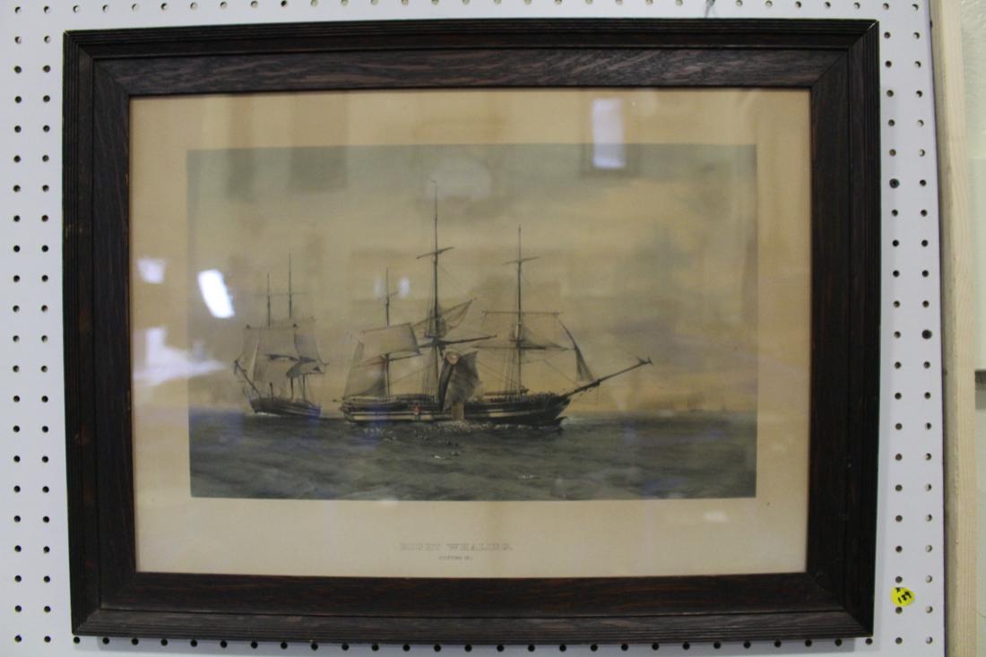 19th C Framed Whaling Hand-Colored Lithograph: Print / lithograph of "Right Whaling / Cutting In", while large crew watches, whale partial carcass suspended from ship, 19" x 26" oak frame. No issues noted other than moderate wear consistent with a