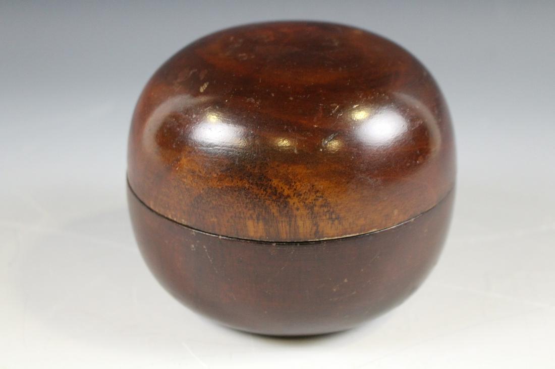 Treen Ware Covered Round Box: Lidded treenware, 4'' H. Small nick to side of lid, no issues noted other than moderate wear consistent with age and normal use. See photo close-ups.