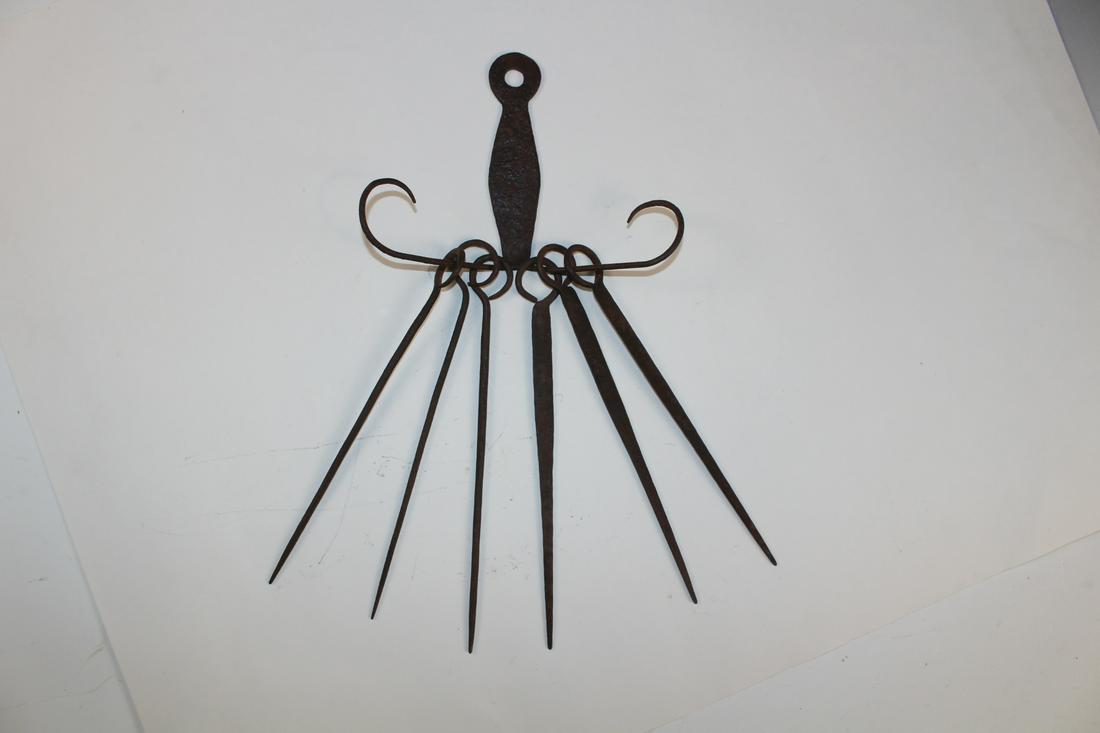 18-19th C Forged Iron Hearth Skewers on Hanger (1 of 3)