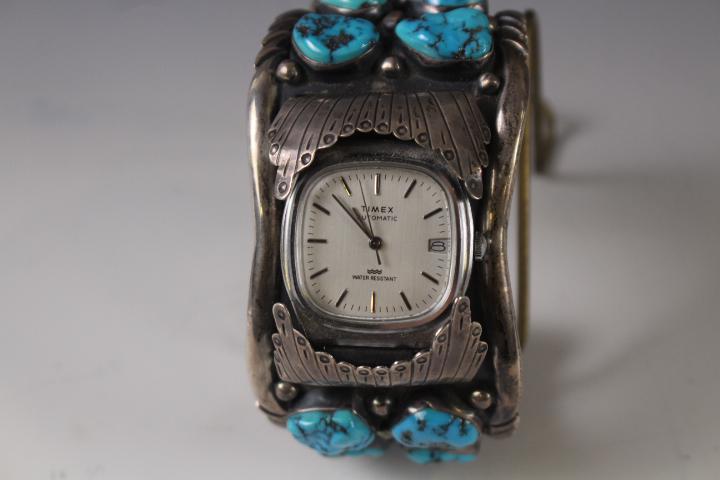 Massive Heavy Silver & Turquoise Watch Band Cuff: Massive Native American Southwest Indian Heavy Watch Band /Cuff - no markings found, double rows of turquoise stones down both sides - 15 total, overall weight is 7.3 ounces including Timex watch (not