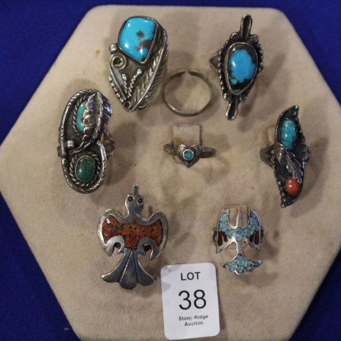 8 Silver American Indian Turquoise Rings - 2 Ashley: Group of 8 Native American Indian Sterling Rings - top row of first photo has shows #1 (1 1/2" H) and #4 positions marked ASHLEY. No rings were tested for metal content. See photo close-ups.