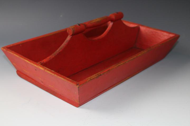 Painted Red Wooden Utensil Knife Box / Tray: Painted Red Wooden Utensil Knife Box / Tray - with handle, 13 1/4 W x 9" D x 4 1/2" H. No issues, minor paint rubs.