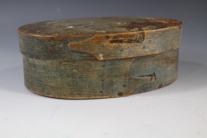Oval Wooden Green Painted Shaker Pantry Box: Oval Wooden Green Painted Shaker Pantry Box - 8" W x 5" D x 3" H. Paint wear.