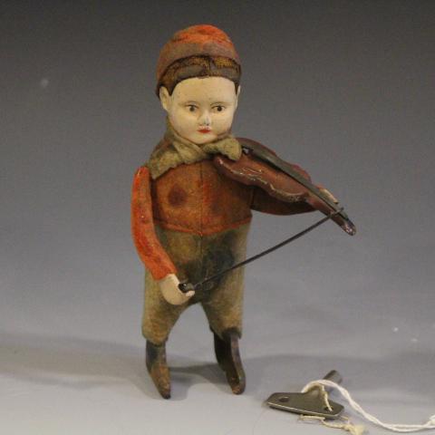 1937 Tin Wind-Up Boy Violinist Schuco - Germany: 1937 Schuco German Boy Violinist, Germany - tin wind-up toy, fabric covered costume, 5 1/4" H. Working / key.