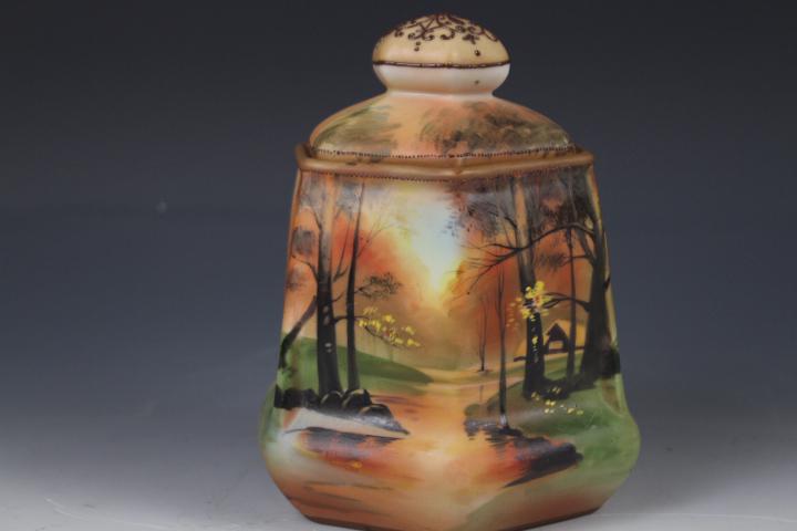 Nippon Tobacco Jar Humidor: Nippon Hand-Painted Tobacco Jar Humidor - hexagon sides, river scene, 7" H. No issues.