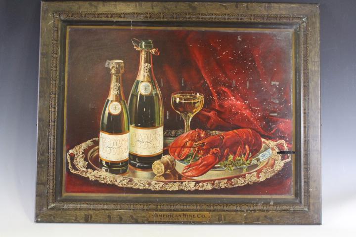 American Wine Co Tin Advertising Lithograph Sign: American Wine Co Tin Advertising Lithograph Sign Representing a Painting, St, Louis USA, featuring Cooks Imperial champagne and a lobster on platter, 28 1/4" W x 22" H. Paint chips and paint smear on