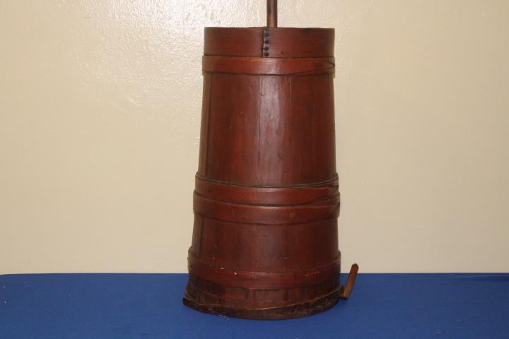 Red Painted Shaker Staved Butter Churn: Rare New England Shaker Red Painted Wooden Staved Butter Churn & Dasher - circa 1840s buttonhole lapped large butter churn, original oak notched lid and dasher, old original dry surface red paint, sta