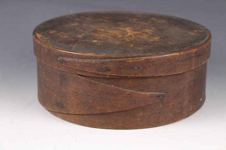 Round Shaker Pantry Box Stamped E. W.: Round Shaker Pantry Box Stamped E. W - 9" W x 3 3/4" H. No issues.
