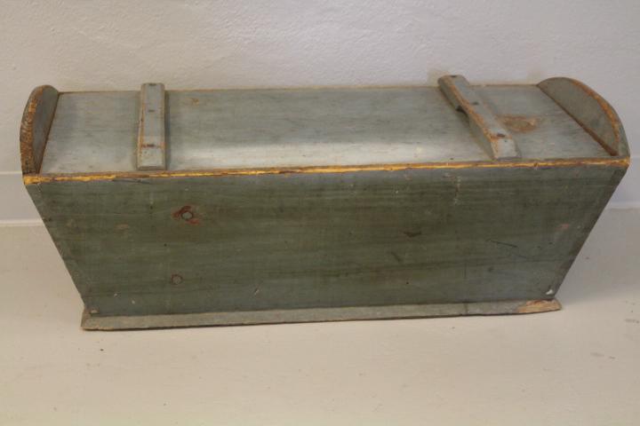 19th Century Blue-Painted Pine Lidded Dough Box: 19th Century Blue-Painted Pine Lidded Dough Box - 35" W x 17" D x 12" H. Attached handle grips to ends. Some paint rubs. THIS LOT REQUIRES A THIRD PARTY PACKER AND SHIPPER. LOCAL PICK-UP AVAILABLE BY