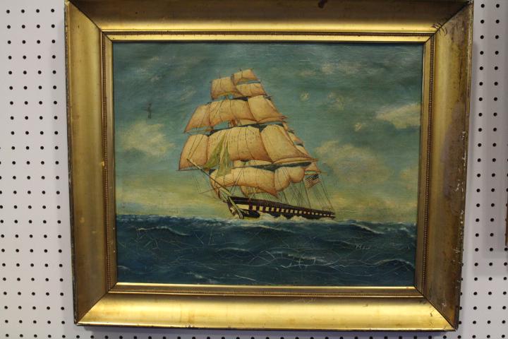 19th C Painting 3-Masted Schooner American Flag: Oil On Canvas Painting of Three-Masted Schooner Flying the American Flag, Late 19th Century, 26" W x 22" H giltwood frame, unsigned, puckering to canvas, craquelure.