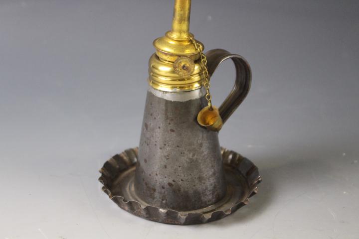 Early Tin and Brass Whale Oil Carry Hand Lamp: Early 19th C Tin and Brass Whale Oil Carry / Hand / Finger Lamp - single tube burner with cap, drip tray, 5 1/4"