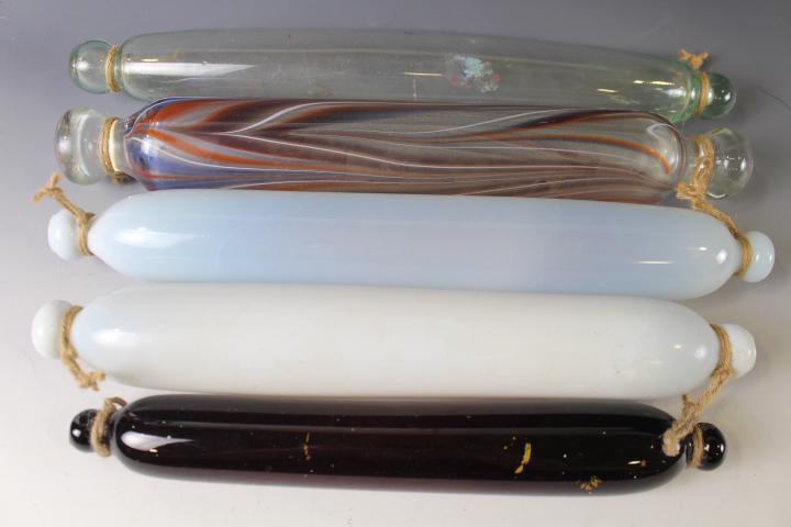 Group of 5 Blown Glass Rolling Pins: Group of 5 Blown Glass Rolling Pins - 1) multi-colored; 2) clear; 3) purple amethyst Forget Me Not; 4) opaque / clambroth; 5) white opaque. No issues.